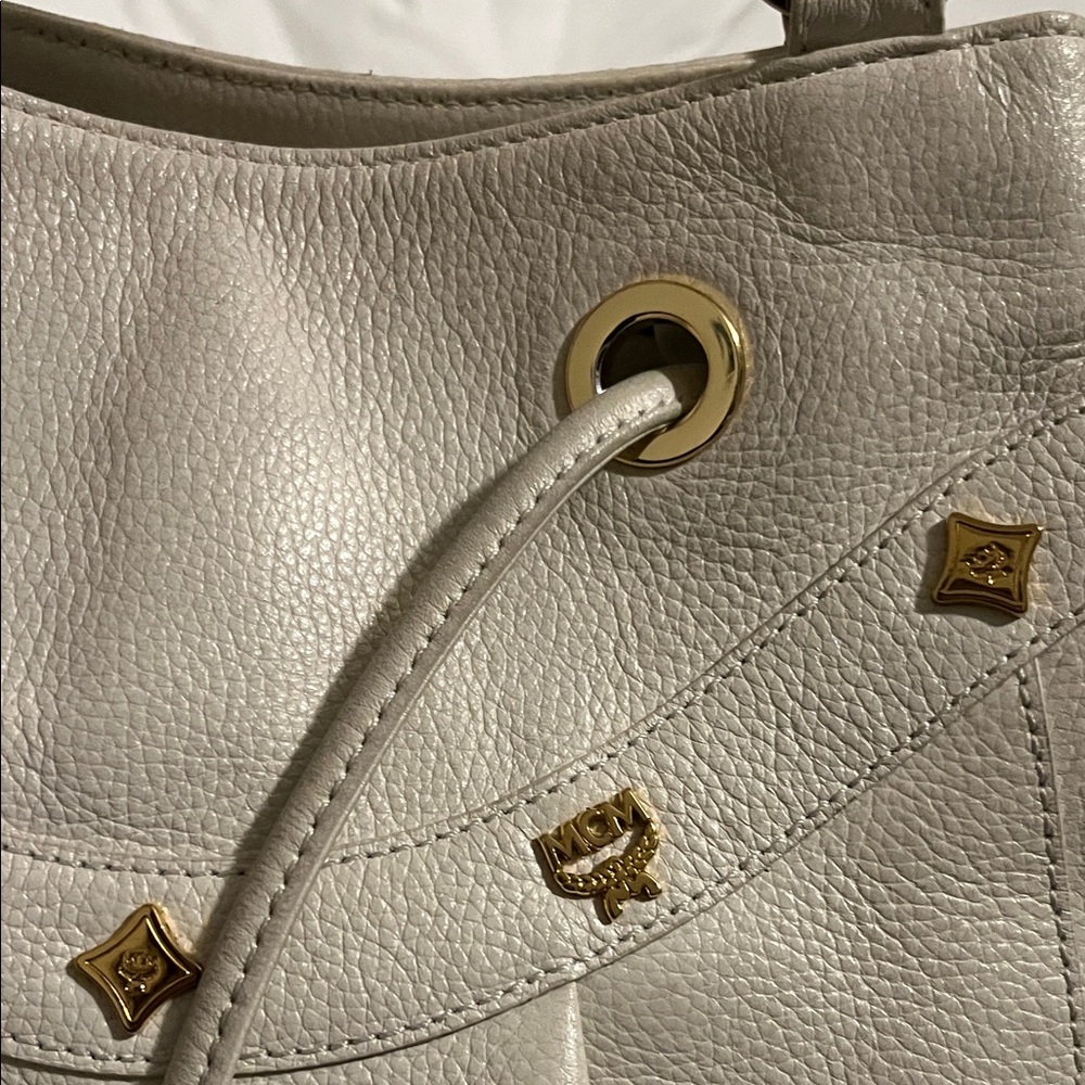 MCM Cream Leather Drawstring Tassel Shoulder Bag - Picture 2 of 14